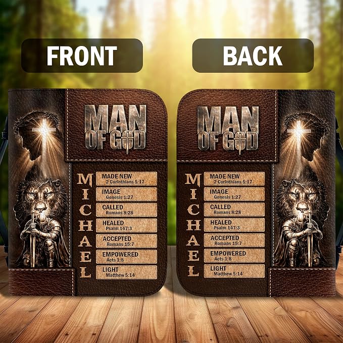Personalized Man of God Bible Cover, God Says I Am Bible Case PU Leather, Bible Holder Handle Zipper, Faith Scripture with Name Case Bag, Religious Gifts for Church Christians Women Men (05)