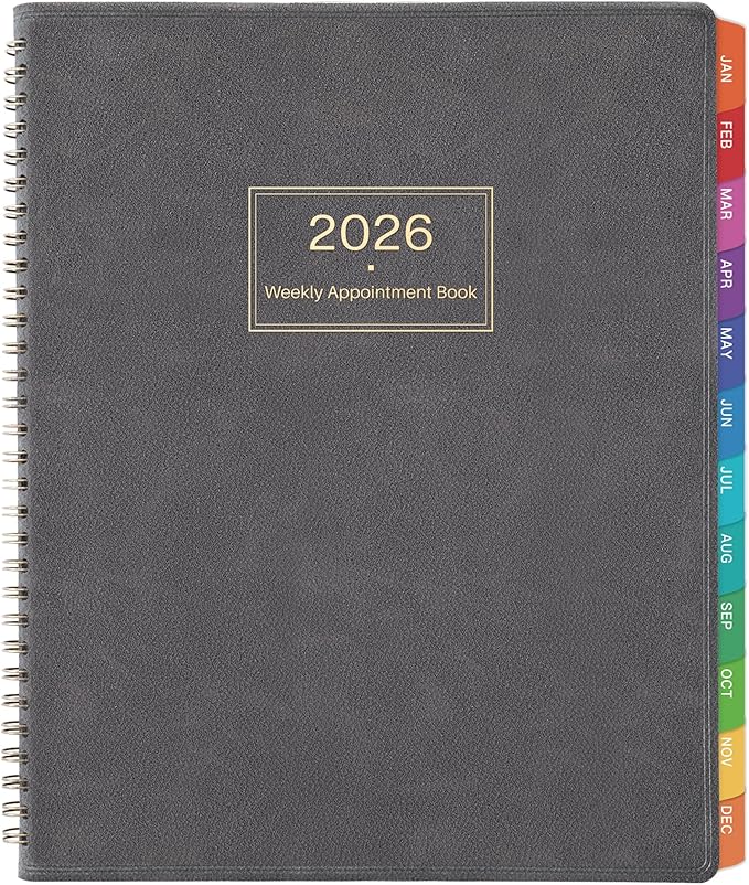 2026 Appointment Book & Planner - 2026 Daily Hourly Planner, JAN 2026 - DEC 2026, 9" x 11", 2026 Planners, 2026 Weekly Appointment Book with 15-Minute Interval, To Do List, Colorful Tabs, Leather Cover - Grey