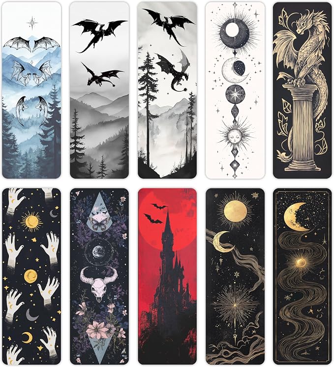 TwoDays Fantasy Merch Bookmarks for Book Lovers, Tarot Witchy Dragons Gothic Horror Book Accessories for Bookish Gifts (Set of 10, 6'' X 2'')