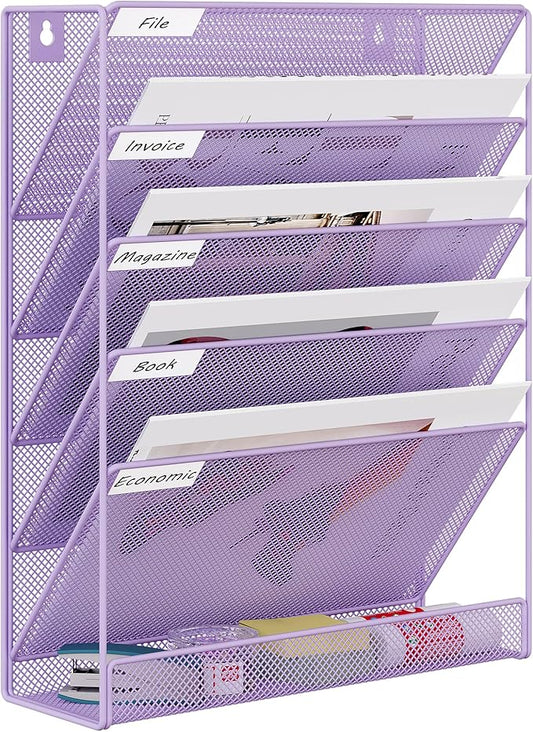 EasyPAG 5 Tier Wall File Holder, Mesh Hanging Folder Organizer with Classify Label, Versatile Desk File Holder, Vertical Wall Mounted Mail Organizer for Office Home Cubicle, Purple