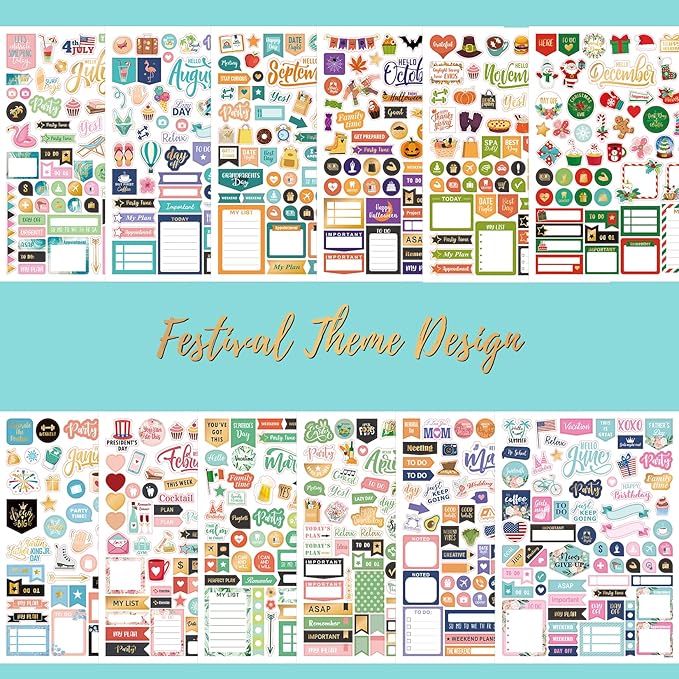 Planner Stickers - Monthly Planner Stickers and Accessories 25 Pages 1500 + Stunning Functional and Colorful Designs, Calendar Sticker Includes Festival Theme Journal Sticker
