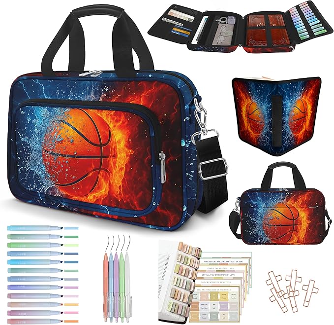 Basketball Bible Cover Case for Boys Kids, Ice Fire Ball Mens Large Bible Bag Book Carrying Case Handle Zipper Pocket, Bible Study Supplies Journaling Kit, Highlighters Tabs Pens Cross Clips