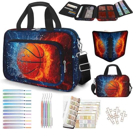 Basketball Bible Cover Case for Boys Kids, Ice Fire Ball Mens Large Bible Bag Book Carrying Case Handle Zipper Pocket, Bible Study Supplies Journaling Kit, Highlighters Tabs Pens Cross Clips