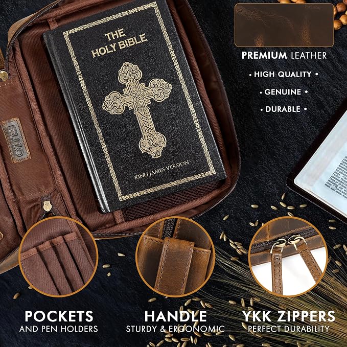 ELIZO Leather Bible Cover for Men Bible Case for Women Zippered Holder Protector Cross Church Tote Bag Carrying Organizer Sleeve Gift Study Antique