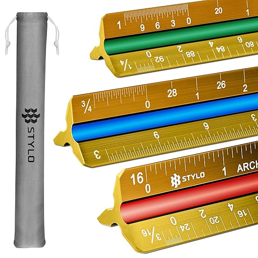 12" Aluminum Architect Scale Ruler Laser Etched Triangle Drafting Ruler, Color Coded Grooves for Blueprint, Drafting and Drawing, Architectural Scale Ruler for Blueprints (Yellow, Imperial Units)