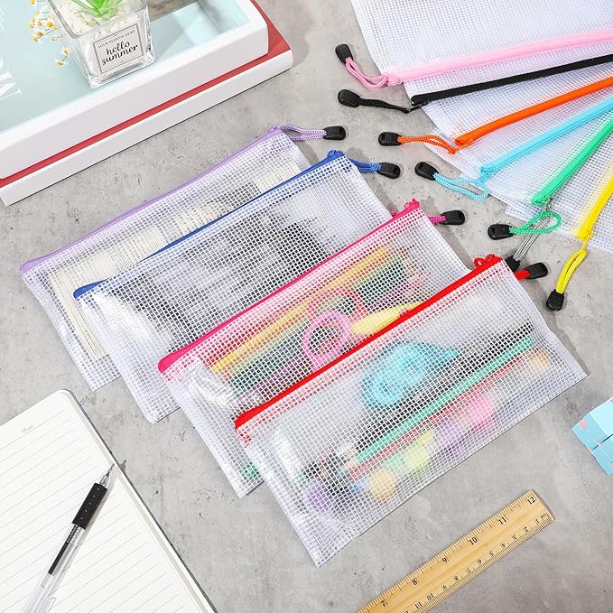 Sherr 120 Pcs Mesh Zipper Pouch A6 Pencil Pouches Bulk Small Clear Mesh Bags with Zipper 9.45'' x 4.53'' Waterproof File Bag Pencil Case for School Office Travel Organization(White)