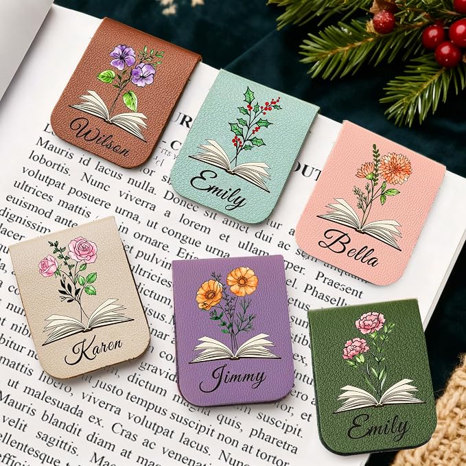 EDSG Personalized Magnetic Bookmarks, Leather Bookmark Clip with Birth Flower & Name, Custom Bookmarks for Book Lovers, Readers, Teacher, Book Mark for Women Men Christmas (Brown-Magnetic V1)