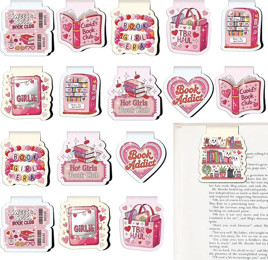 Cute Bookish Magnetic Bookmarks - 18 Pcs Pink Girly Book Marks Gifts Magnet Bulk Funny Page Marker Clip for Reading Lovers Women Girls Readers Students Teachers School Birthday Accessories