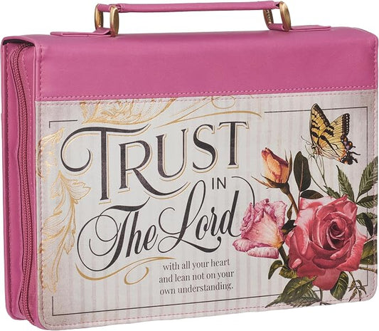 Christian Art Gifts Rose Pink Floral Fashion Bible Cover for Women: Trust in the Lord - Prov. 3:5 Inspirational Scripture Verse, Vintage Vegan Leather Book Carry Case Bag w/Stationery Storage, Large