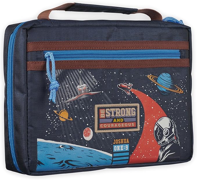 Christian Art Gifts Fashion Polyester Bible Cover for Boys & Girls: Be Strong Inspirational Scripture, Blue Multicolor Outer Space Travel Theme, Sturdy Pockets, Zippered, Pen Loops, Easy Carry, Medium