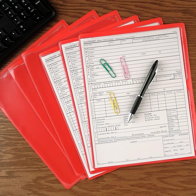 StoreSMART - Paperwork Organizers - 100-Pack - Red Plastic Back, Clear Plastic Front - Heavy Duty - PF8511PQR-100