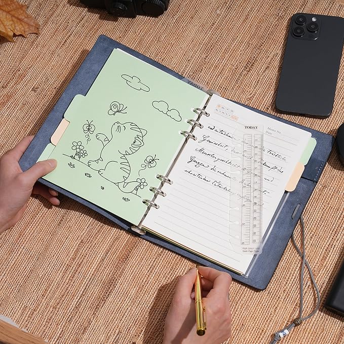 WONDERPOOL Leather Journal Lined Paper Notebook & Pen - Refillable 6 Ring Binder Writing Spiral Diary with Ruled Notepads Vintage Cover for Office Travel Work and Plan Agenda (a-Green, A5)