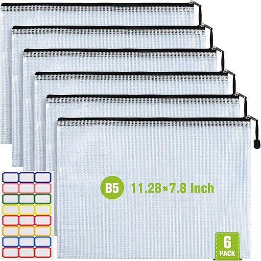 Mesh Zipper Pouch, 6PCS Waterproof Plastic Mesh ZipperBag, B5 Size Tear-Resistant Document Pouch, Extra Large Zip File Bags, for School Office Supplies Home Travel Storage(11.26×7.9 Inch)