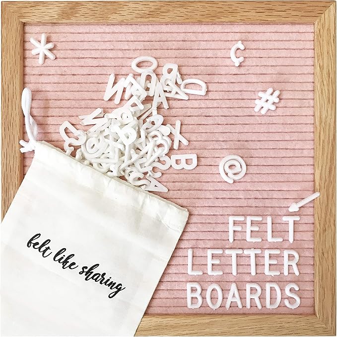 Felt Like Sharing Square Letter Board (Light Pink Felt - 10”x10”) – Changeable Message Board with 3 Sets of Felt Board Letters for Home, Office, & Aesthetic Room Decor – Wall Letterboard Signs In Oak Frame