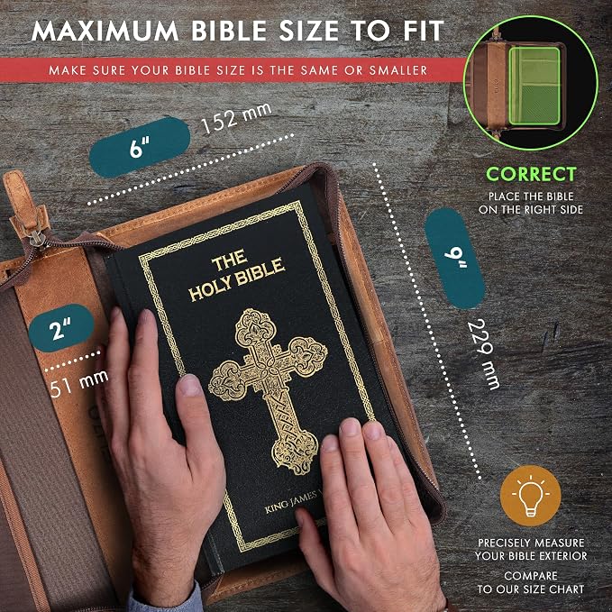 ELIZO Leather Bible Cover Bible Case for Men Women Genuine Leather Bible Bag Holder Cross Large Carrying with Zipper Case Protector Christian Religious Gifts for Mens Pioneer (Saddle Red/Small)