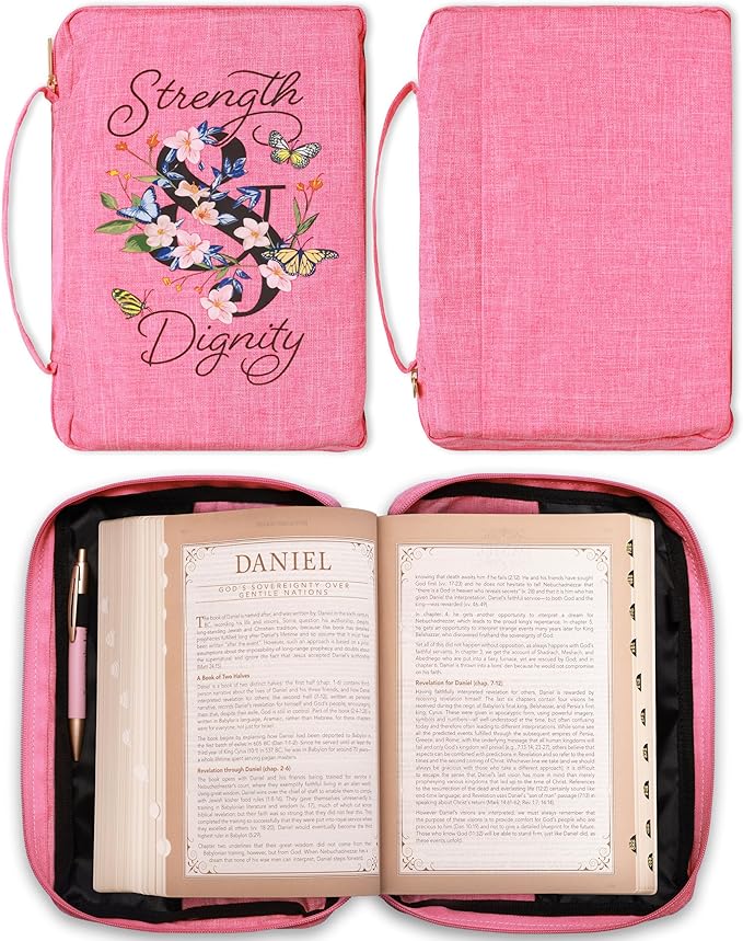 Christian Art Gifts Polyester Canvas Bible Cover for Women w/Zippered Pocket & Pen Storage: Strength & Dignity - Proverbs 31:25 Inspirational Bible Verse Carry Case, Pink Butterfly Floral, Large