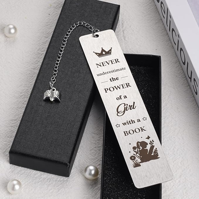 Inspirational Bookmark Gifts for Girls Women - Never Underestimate The Power of a Girl with a Book, Gift for Book Lovers Teachers Friends Readers Students Graduation Birthday Christmas (Silver)