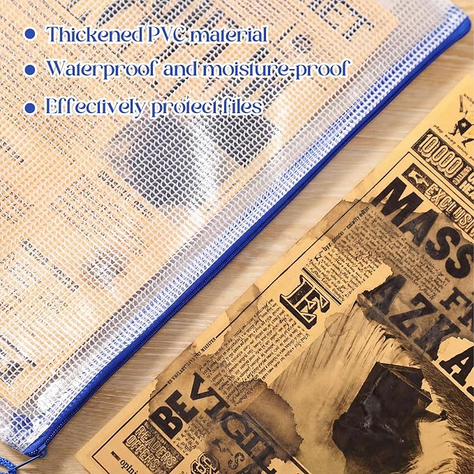 Zhehao 100 Pcs A4 Mesh Zipper Pouch Bag Bulk Mesh Pouch with Zipper Waterproof Clear Storage Bag for School Office Supplies Cosmetics Travel,13.19 x 9.45 in (Blue)