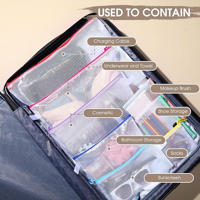 Kisston 150 Pcs Mesh Zipper Pouch Bags Bulk, 8 Sizes Plastic Zipper Bags, 8 Colors Waterproof File Pouches for Organization, Multipurpose Travel Pouches for Travel, Office, Board Game