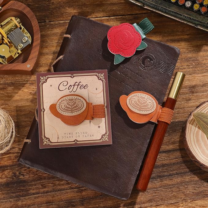 2PCS Vintage Magnetic Leather Bookmark, Leather Magnetic Bookmarks for Women,Unique Book Marks Gifts for Book Lovers， Magnetic PU Bookmarks Clip Book Accessories for Adults & Kids，Roses & Coffee
