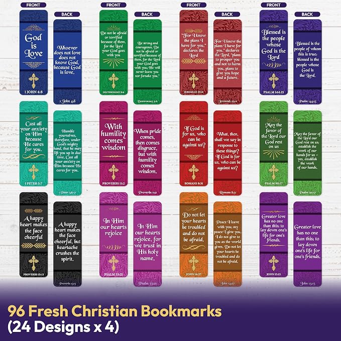 96 Bible Bookmark Pack with Bible Verses – Multiple Designs – Inspirational Christian Bookmarks for Women & Men – Bible Book Markers for Classroom, Bible Study, Church Supplies
