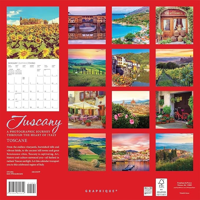 Graphique 2026 Tuscany Wall Calendar | 12” x 12” | Thick Paper | Home & Office Organizer | Large Monthly Grid | 3 Languages & Marked Holidays | 4 Month Preview Page for 2027