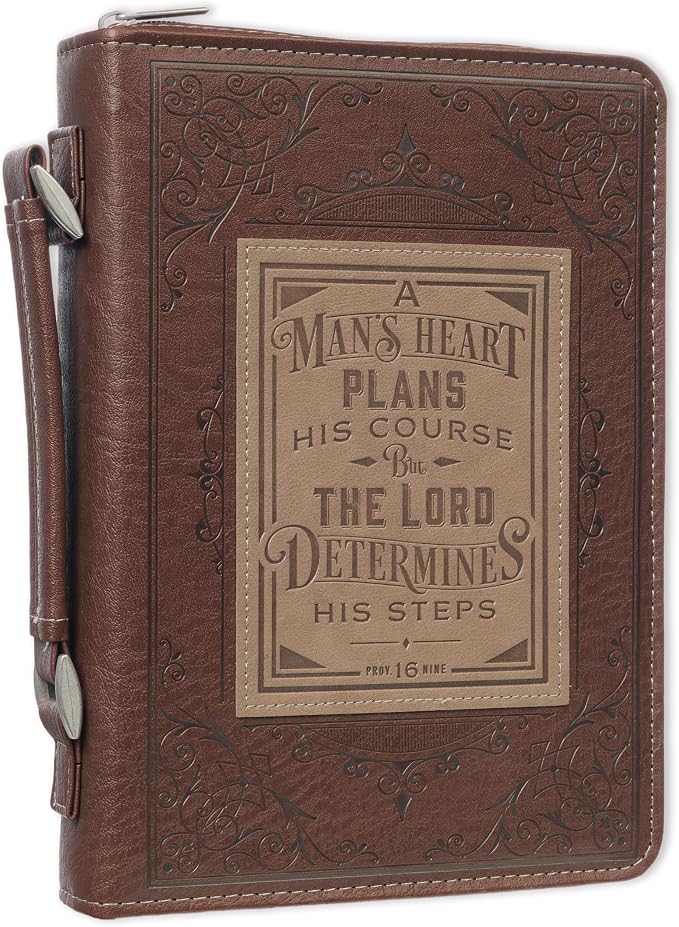 Christian Art Gifts Men's Classic Bible Cover A Man’s Heart Proverbs 16:9, Brown/Tan Faux Leather, Medium
