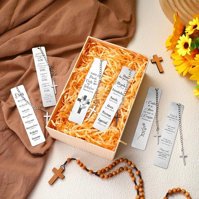 Mooliwe 12 Pcs Regalos Cristianos Spanish Christian Bookmarks Christmas Spanish Christian Gifts Bulk for Women Bible Verse Metal Religious Scripture Cross Inspirational Bookmarks with Church