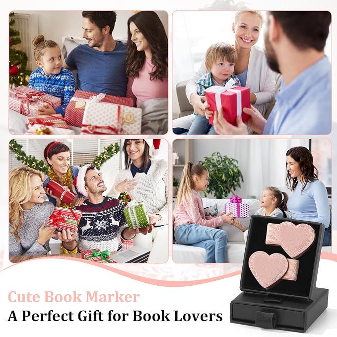 2Pcs Magnetic Leather Heart Bookmarks with Pen Holder, Cute Book Markers Clip with Gift Box, Reading Accessories for Book Lovers Women Teachers Students, Pink