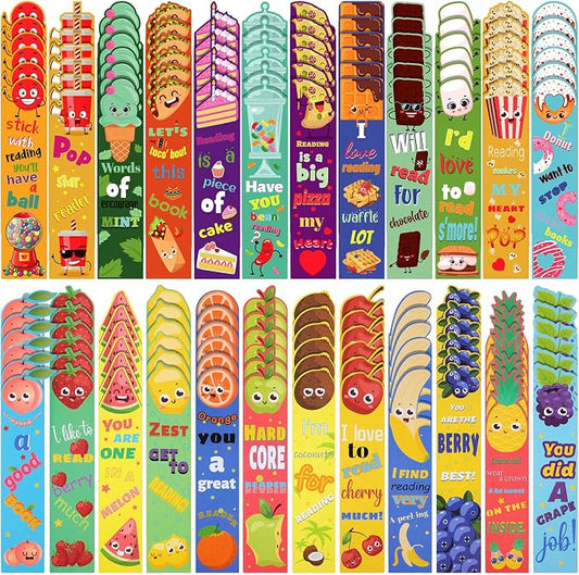 Geyee 144 Pcs Fruit Scented Bookmarks Scratch and Sniff Bookmarks Fun Classroom Smelly Bulk for Kids Students Teens School, 24 Styles