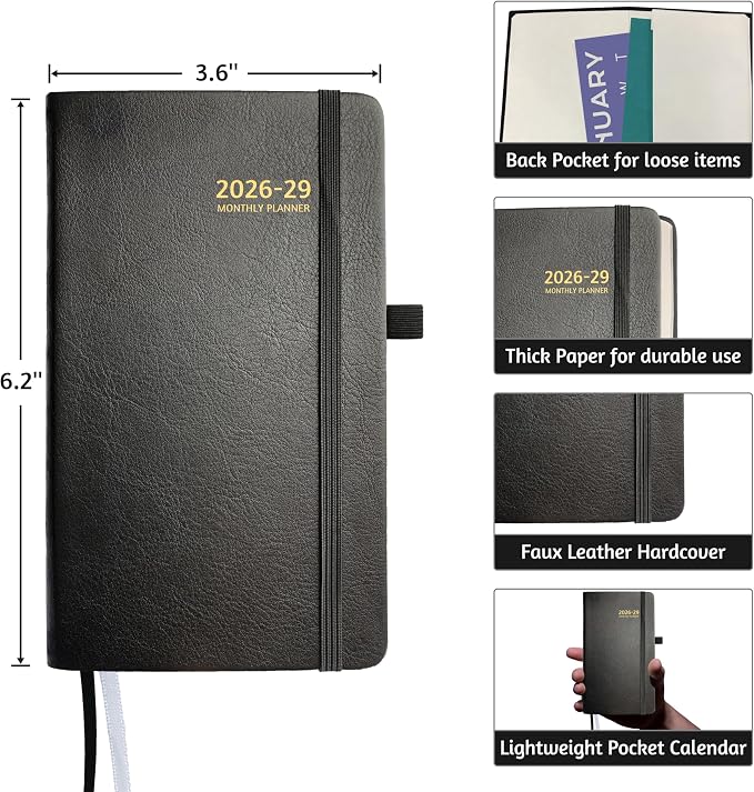 2026-2029 Pocket Monthly Planner, 3 Year Calendar 2026-2029, 6.2’’ x 3.6’’ x 0.67’’, Small Calendar 2026, 36 Months from Jul 2026 - Jun 2029, Hardcover, Back Pocket, Thick Paper, Lightweight to carry