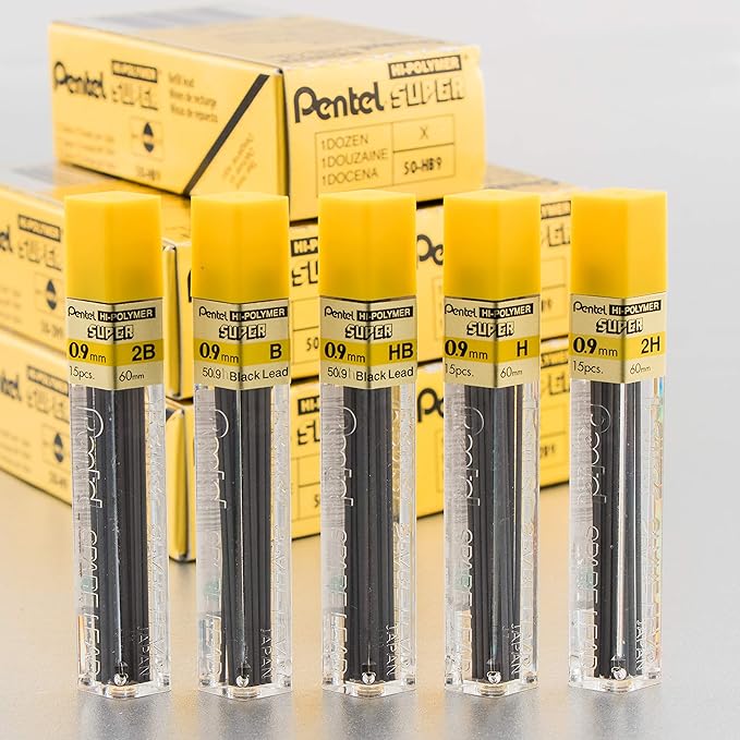 Pentel Super Hi-Polymer Lead Refill, (0.9mm) Thick, 2B, 180 Pieces of Lead, 12 Tubes of Lead (50-9-2B)