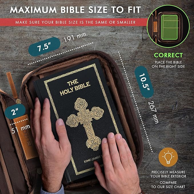 ELIZO Leather Bible Cover for Men Bible Case Women Holder Carrying Organizer Wrap Sleeve Protector Christian Religious Gift Cross Bookmark – Study Cognac