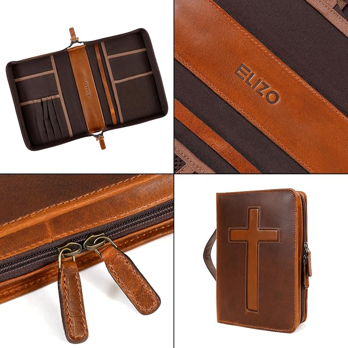 ELIZO Leather Bible Cover Bible Case for Men Women Genuine Leather Bible Bag Holder Cross Large Carrying with Zipper Case Protector Christian Religious Gifts for Mens (Cognac/Tan, Standard/Small)