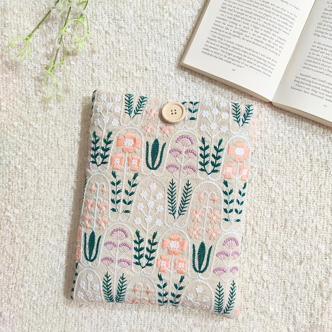 Floral Embroidered Canvas Book Sleeve - Elegant Book Cover, Padded Protector for Paperbacks & Hardcovers, Ideal for Book Lovers, Wooden Button (Garden)