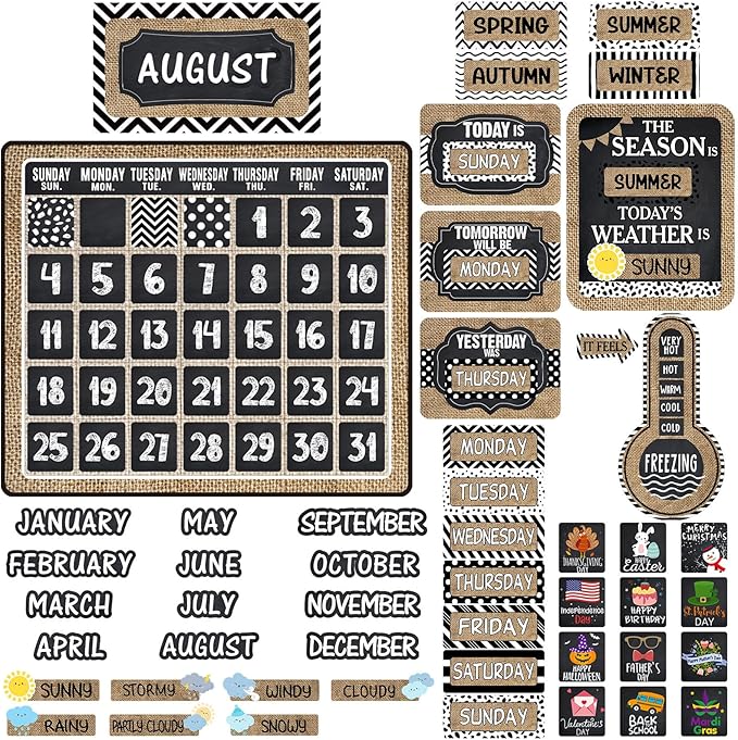 Cholemy 85 Pcs Calendar Bulletin Board Set Classroom Calendar Bulletin Board with Numbers Month Weather Classroom Decoration Wall Decor for Chalkboard Back to School Supplies(Rustic)