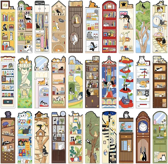 Wxiben Cat Bookshelf Bookmarks Gifts - 90 Pcs Cartoon Cats World Paper Bookmarks Book Marks Page Marker Clip Gift for Women Men Teachers Office Book Cat Lovers Bookish Reading Accessory