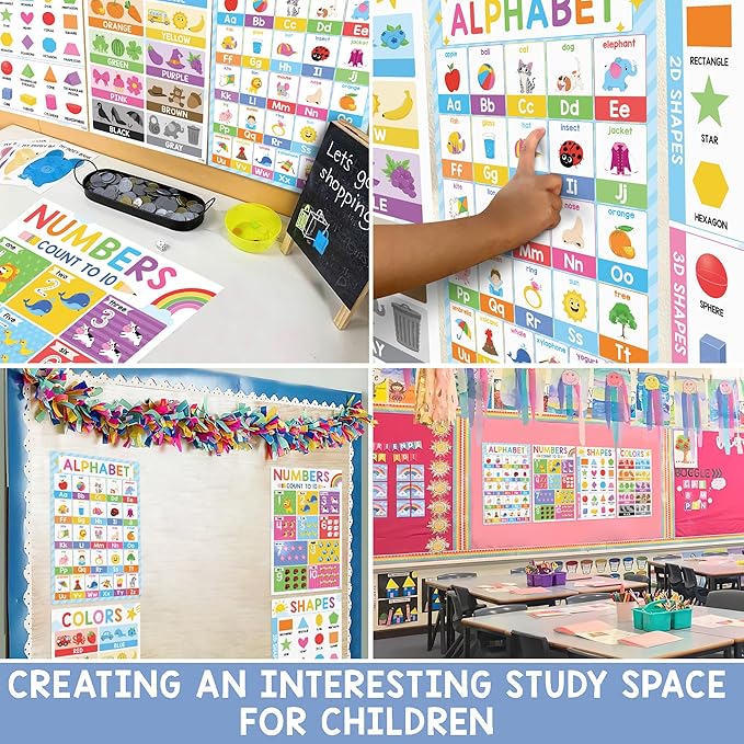 BEAWART ABC Alphabet Posters (Set 4-16'x24'), Color Shape Number Chart for Classroom Decor, Educational Posters, Learning Chart, Homeschool Supplies, Double Laminated