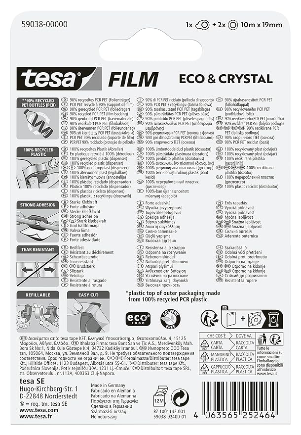 tesafilm Eco and Crystal - Adhesive Tape - Transparent, Strong Hold and Tear-Resistant - Made from Reprocessed PET Material - Comes with a Mini Tape Dispenser- 2 Refill Rolls, 10m x 19mm