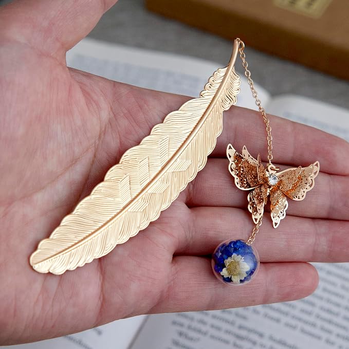 Teacher Appreciation Gifts for Women - Metal Feather Bookmark with 3D Butterfly Charm – Mother’s Day Gifts for Mom, Thank You Gifts, Book Lover Gift Under 10 Dollars, Gift Box Included