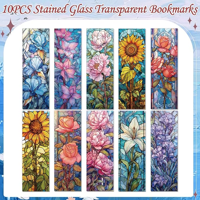 Stained Glass Flower Bookmark Gifts - Cosmisun 10 Pcs Floral Transparent PVC Bookmark Stained Glass Art Plant Book Mark Page Clips Gifts for Women Men Book Lovers Teacher Student Bookish Reader