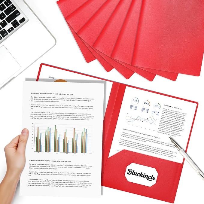 6 Pack Folders with Pockets Red, 2 Pocket Plastic Folder with Pockets for School File Folder for Documents Letter Size with Business Card Slot Back to School Office Teacher Supplies