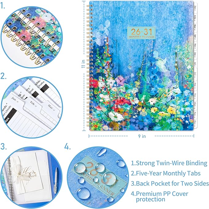 2026-2031 Monthly Planner - JUL. 2026 - JUN. 2031, 5 Year Monthly Calendar 2026-2031, 11" x 9", 60-Months 5 Year Calendar Planner, Tabs, Back Pocket, Holidays, Twin-Wire Binding, Note Pages