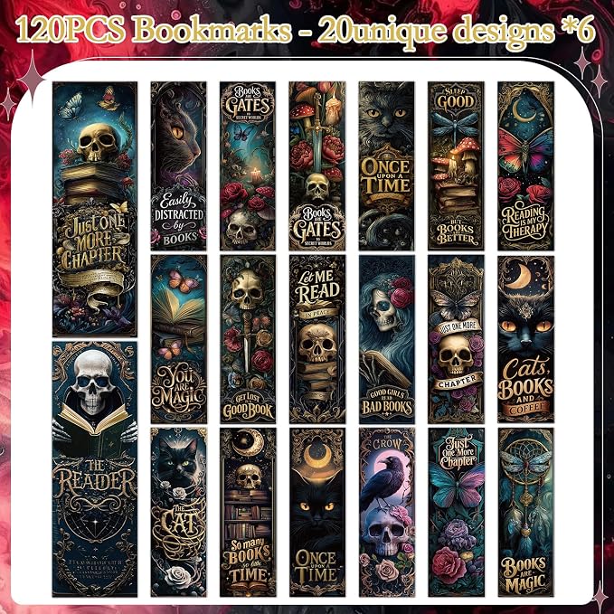 Dark Romance Bookmarks Gifts Set - Wxiben 120 Pcs Dark Fantasy Book Marks for Book Lovers Gothic Skull Bookmark Tarot Cards Book Markers for Women Men Students Teachers School Supplies
