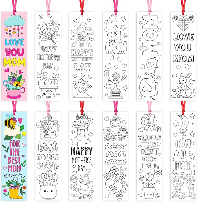 Mother's Day Color Your Own Bookmarks for Kids -120Pcs Happy Mother's Day DIY Coloring Bulk Blank Bookmark Classroom Art Craft Supplies for Students Sunday School Holiday Party Reward Goodie Fillers