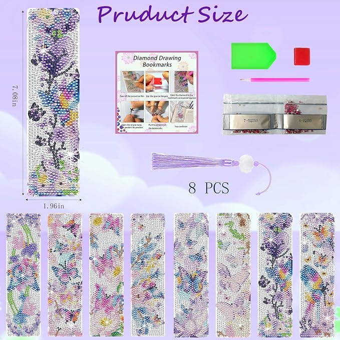 8PCS Diamond Painting Art Bookmarks,Cute Acrylic Bookmarks Crafts Kits Gifts with Pendants for Adult Women Book Lovers (Butterfly)