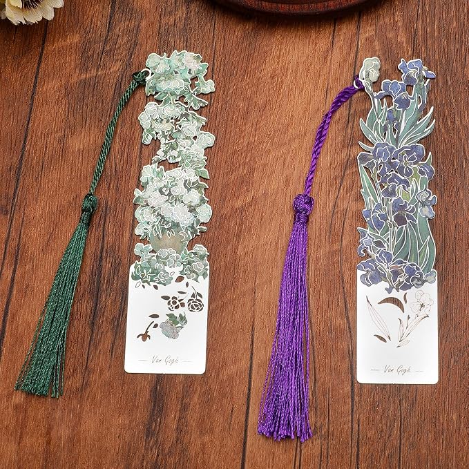 Metal Bookmarks with Tassel - 2 Pcs, Women's Bookmarks - Roses and Irises Design (BKM-046-002)