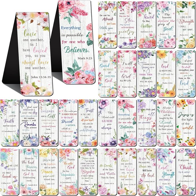 Chinco 30 Pcs Magnetic Christian Bookmarks - Bible Verse Inspirational Scripture Page Clips, Religious Prayer Bookmarks for Women, Kids, Teachers, Church Supplies & School Gifts(Flower)