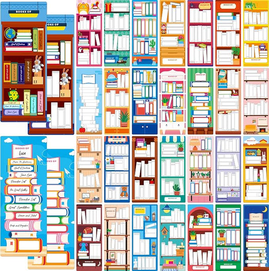 120 PCS Book Tracker Bookmarks, 30 Bookshelf Designs Double Sided Reading Page Markers Reading List Bookmarks for Kids, Adults, Students, Book Lovers All Ages (2.4” x 6.1”)