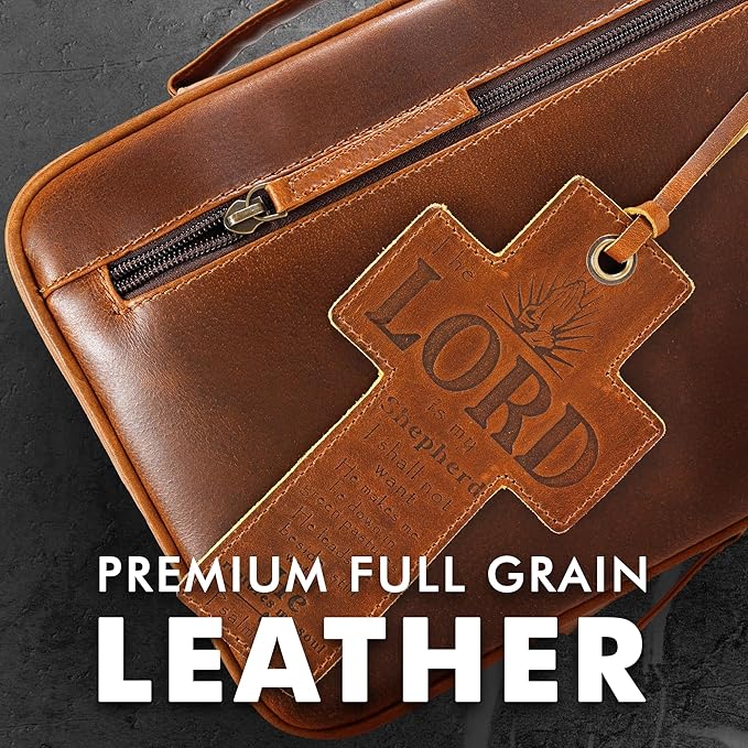 ELIZO Leather Bible Cover for Men Bible Case Women Holder Carrying Organizer Wrap Sleeve Protector Christian Religious Gift Cross Bookmark – Study Cognac